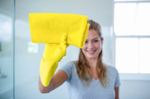 Local office cleaning team in Belsizepark sanitising a meeting room